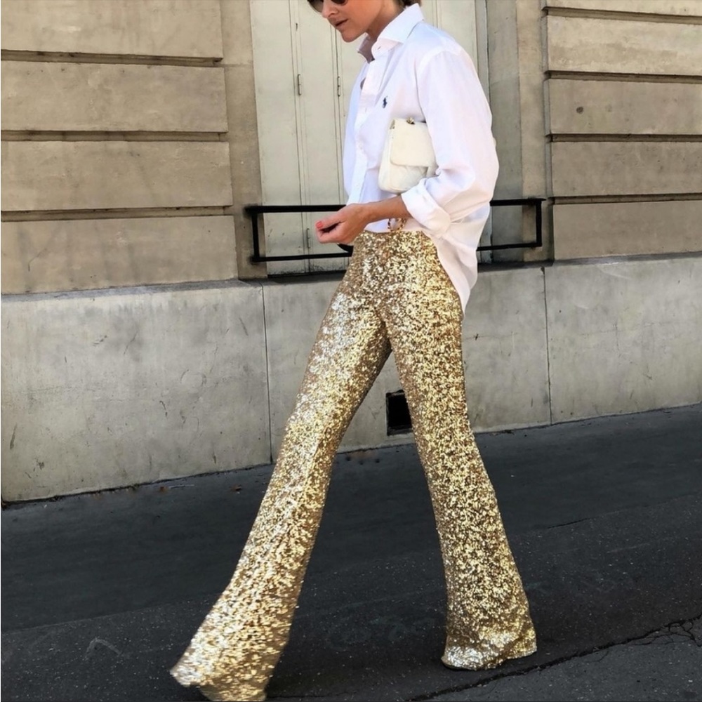 Zara Gold Sequin Flare Pants S Party Holiday Mardi Gras High Rise Slim Trousers